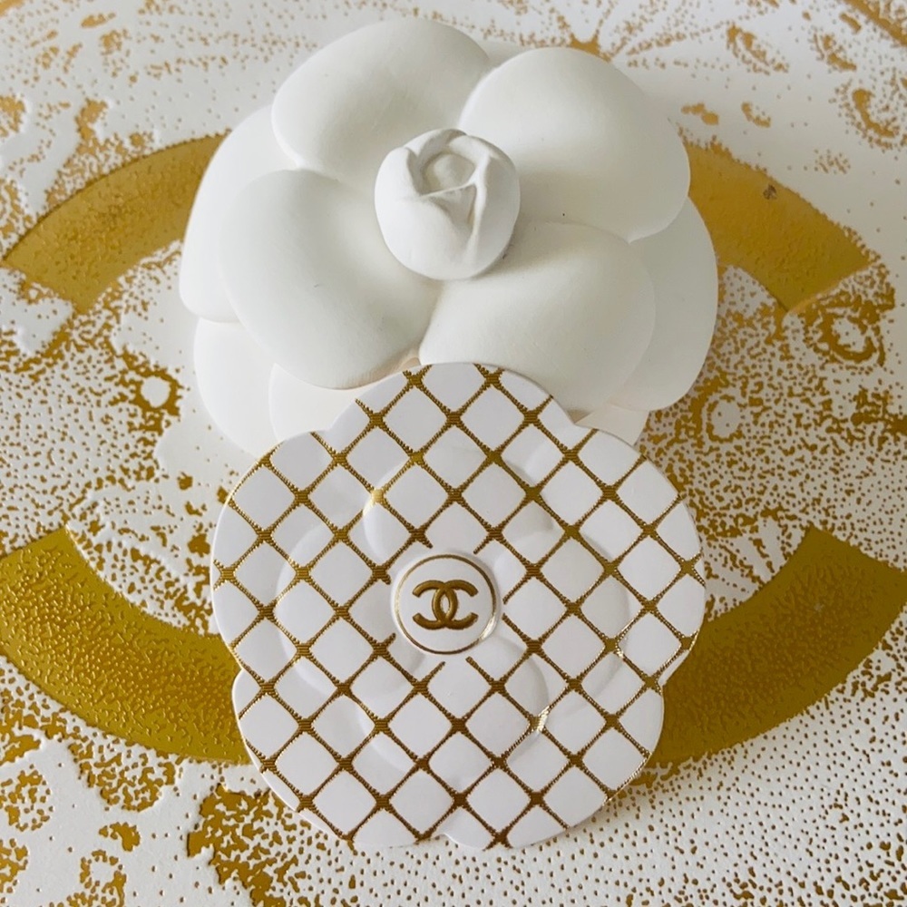 CHANEL Authentic White and Gold Camellia